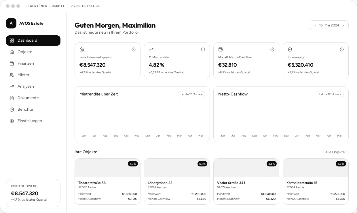 AVOS Eigentümer-Cockpit mit Portfolio-Übersicht